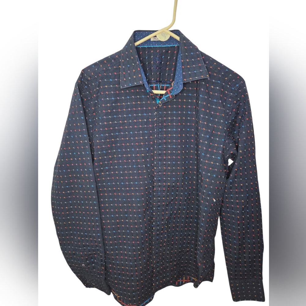 Bugatchi Uomo Navy Blue Geometric Long Sleeve Casual Shirt Size L